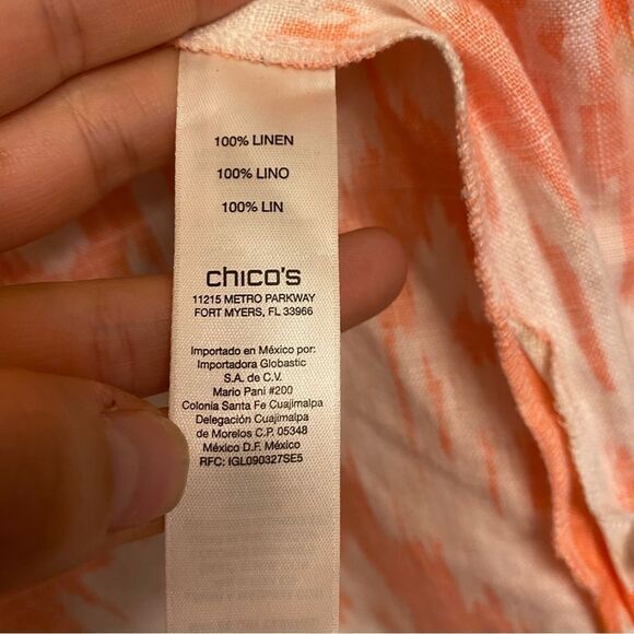 Chicos coral IKAT Print 100% Linen cardigan jacket Sunrise Orange EUC 2 L 12 - Picture 9 of 10